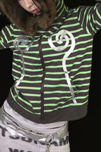 Green Striped Swirl Graphic Zip Hoodie