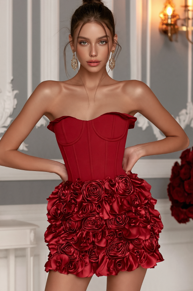 Strapless Ruffle 3D Floral Dress