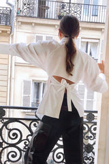White Backless Tie Waist Blouse