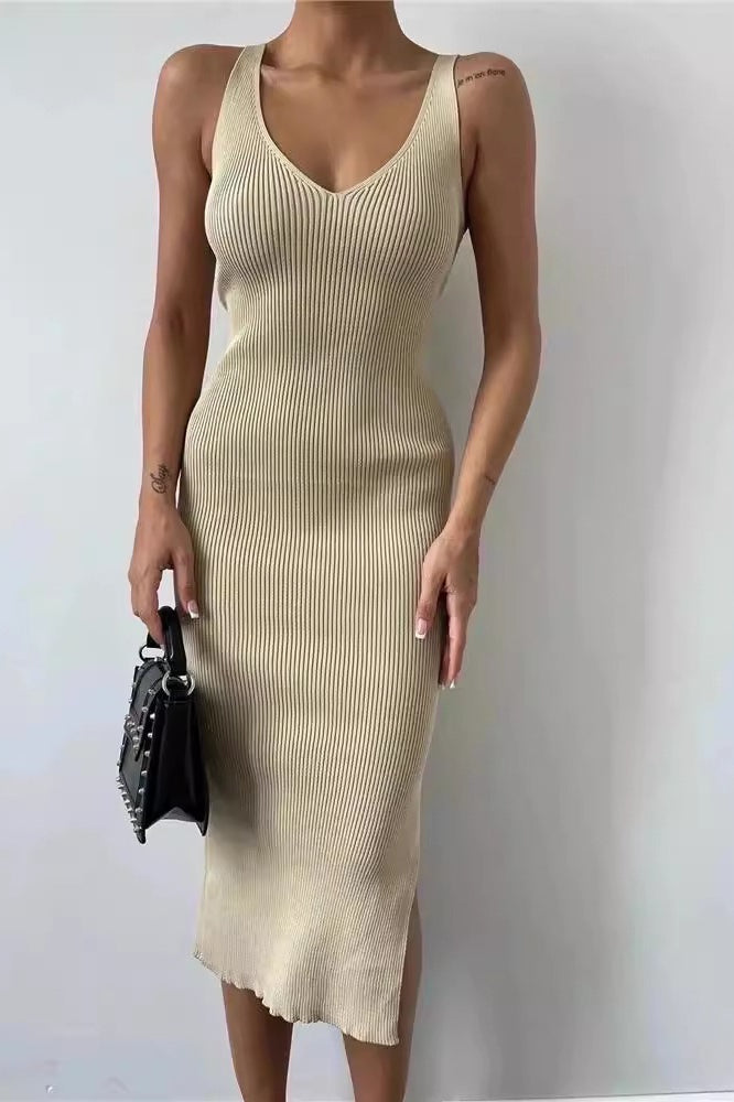 Sleeveless V-Neck Knit Bodycon Midi Split Sweater Dress Main image