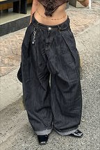 Striped Washed Curved Leg Loose Fit Pants