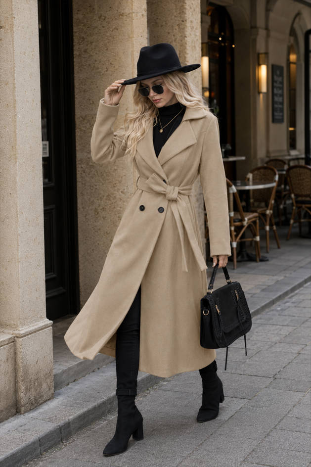 Wool Lapel Long Belted Double Overcoat Main image