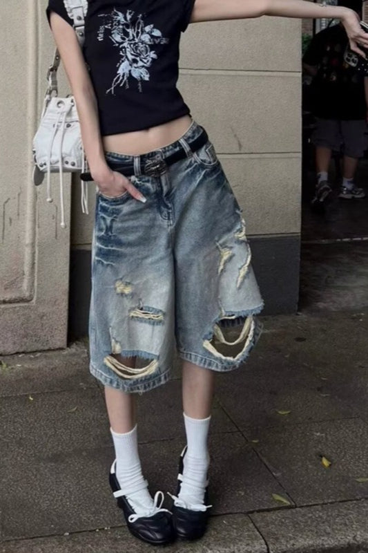 Relaxed Fit Raw Hem Denim Shorts Main image