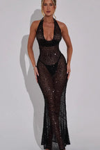 Sequin Halter Deep V Slim Bodycon Sequin Dress