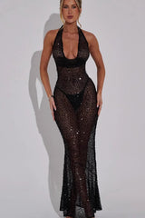 Sequin Halter Deep V Slim Bodycon Sequin Dress