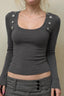 Button Shoulder Scoop Neck Fitted T-Shirt