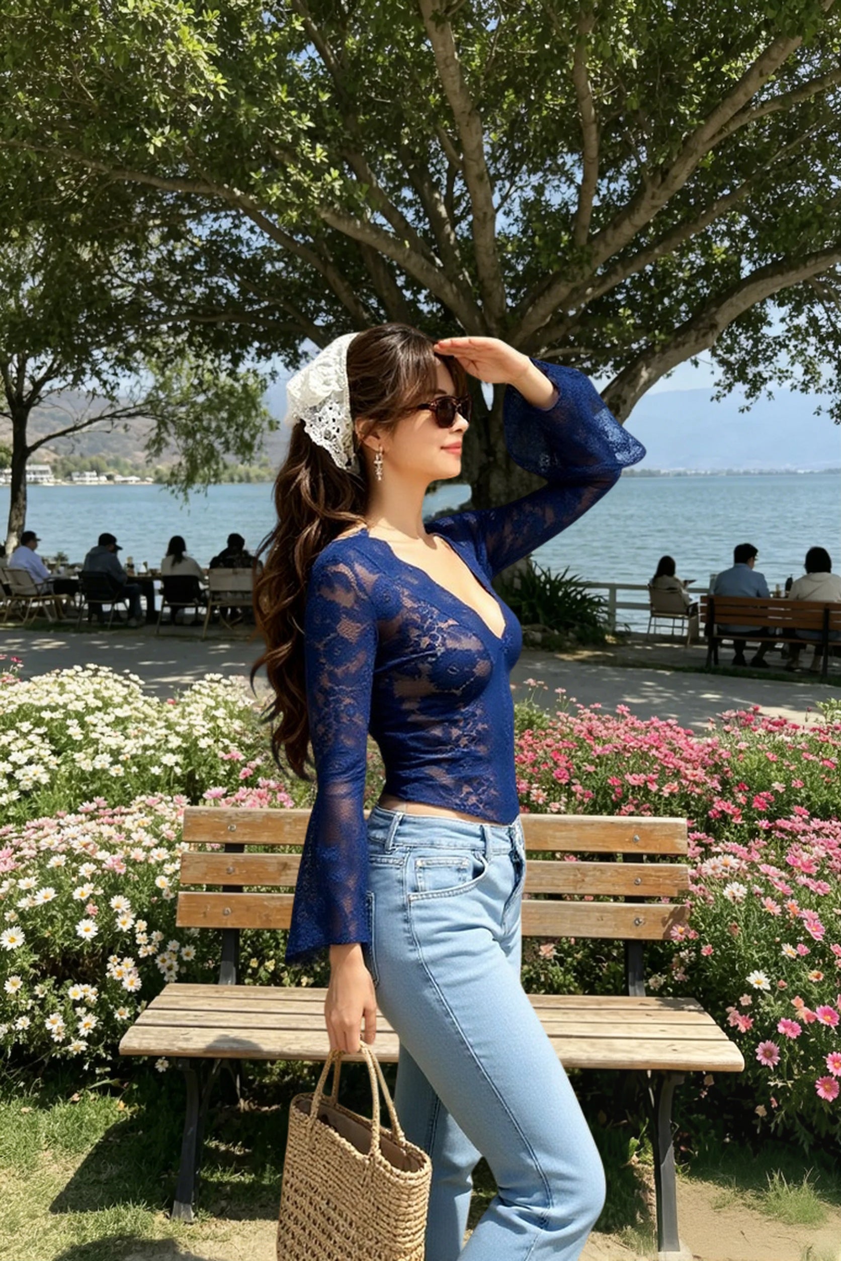 V-Neck Lace Long Sleeve Crop Top Secondary image