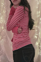 Striped Button Front Deep V Neck T-Shirt
