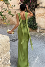 Square Neck Satin Sash Corset Maxi Dress