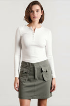 Spring Autumn Knitted Long Sleeve Solid Color Buttons Up Ribbed V-neck Streetwear T-shirts