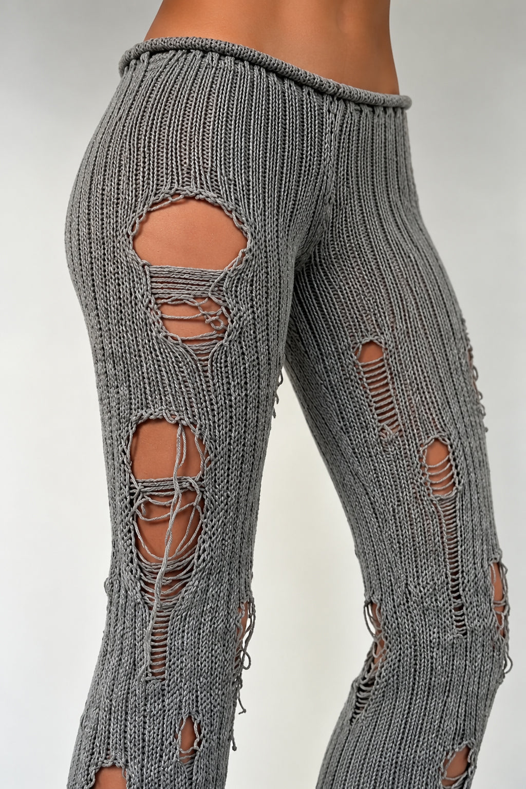 Distressed Ribbed Knit Flared Pants