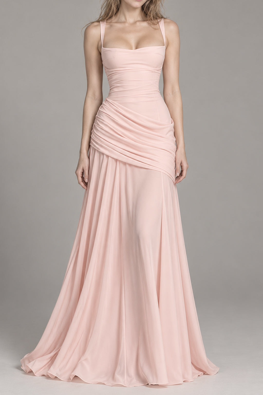 Square Neck Ruched Milk Silk Formal Dress