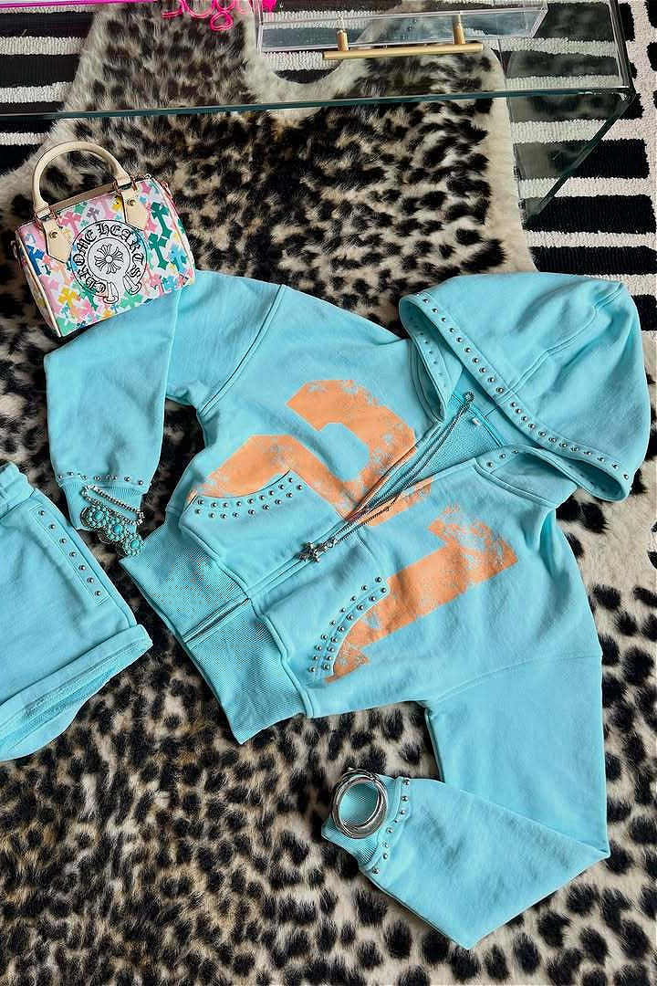 Rhinestone Graphic Cropped Hoodie and Shorts Separates