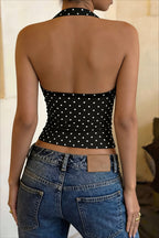 Polka Dot Halter Backless Fitted Crop Top