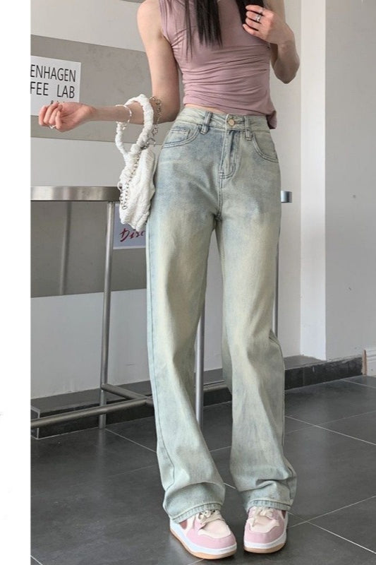 High Waist Light Wash Wide Leg Straight Floor Length Jeans Main image