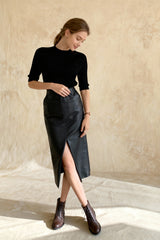 Fall Winter Chic Split Design Slim Straight Faux Leather Skirt