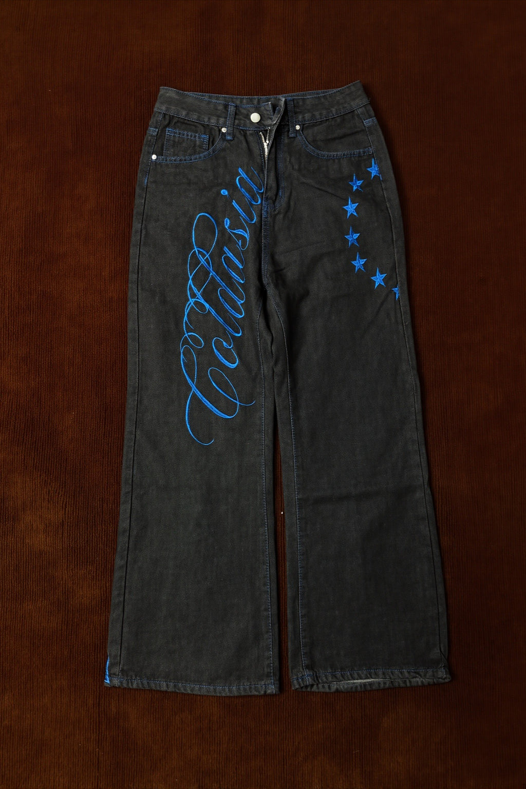 Embroidered Slight Flare Baggy Streetwear Jeans