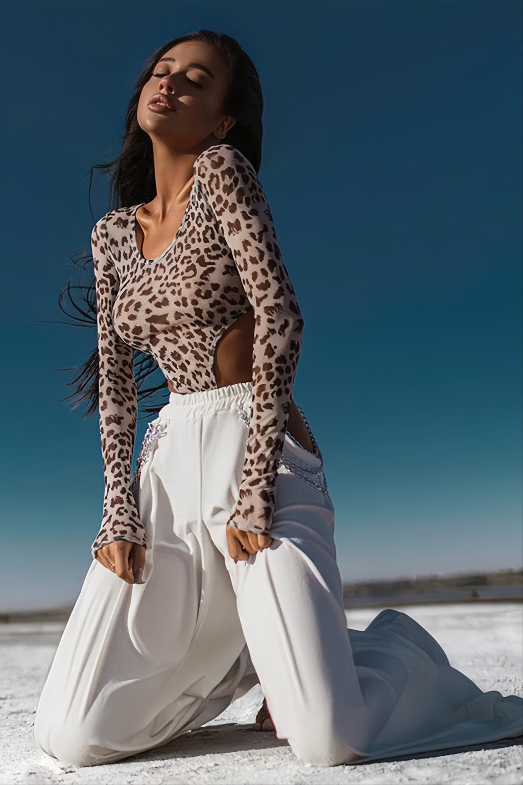 Leopard Sheer Mesh Long Sleeve Bodysuit T-shirts