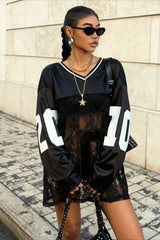 Lace Sheer V Neck Print Sweatshirt