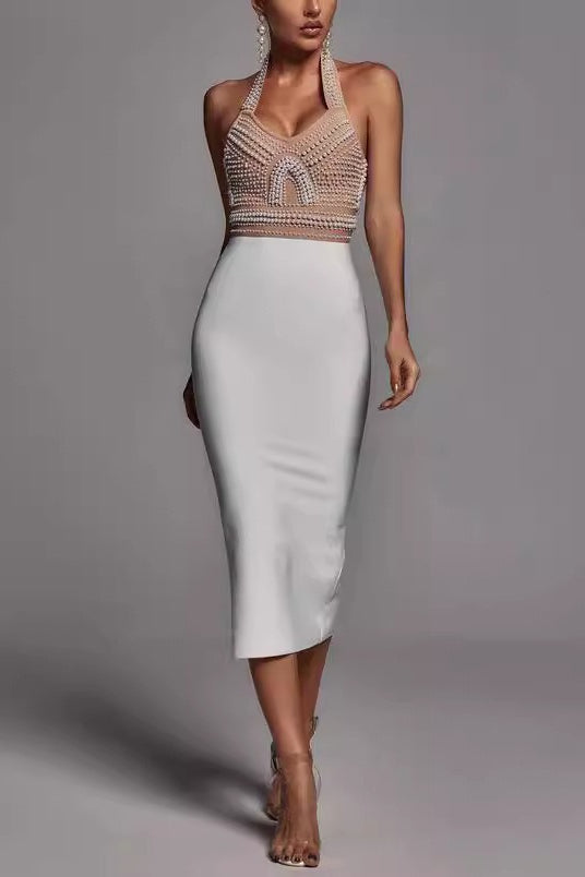 Pearl Beaded Halter Colorblock Bandage Cocktail Dress Secondary image