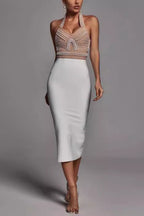 Pearl Beaded Halter Colorblock Bandage Cocktail Dress