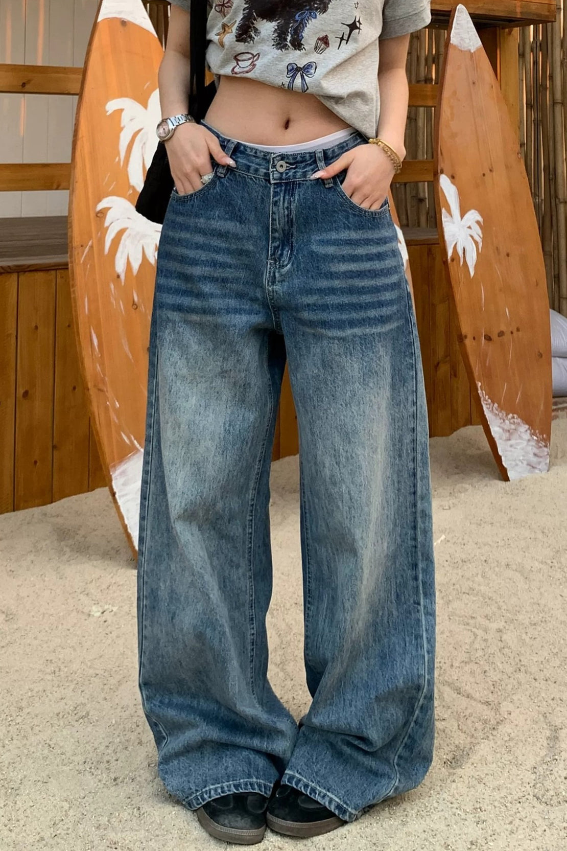 Star Print Washed Wide Leg Jeans