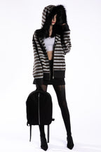 Fur Trim Striped Oversized Zip Hoodie