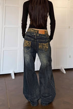 Leopard Panel Double Waist Wide Leg Jeans