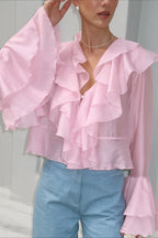 Chiffon Flare Sleeve Cropped Blouse