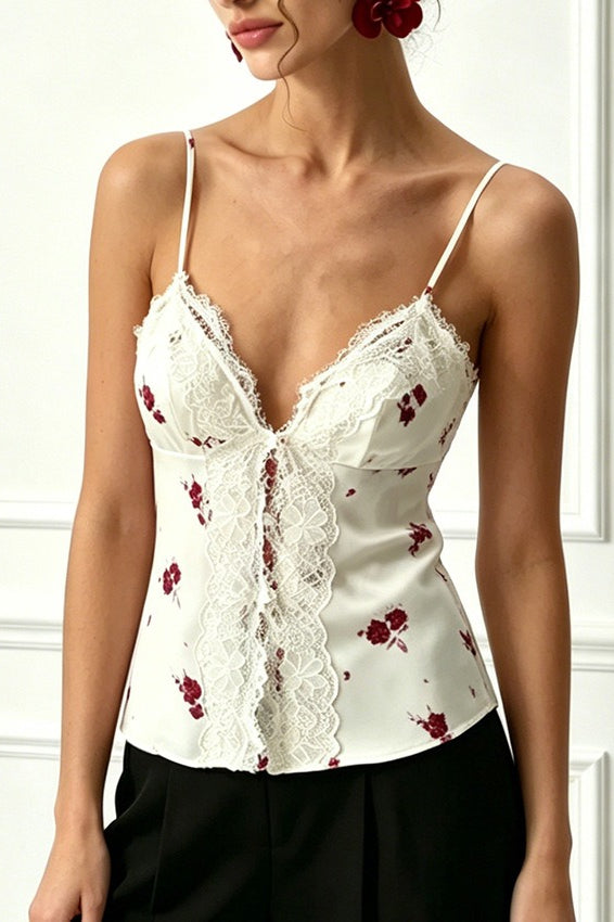 Floral Lace Trim Button Cami Top Secondary image