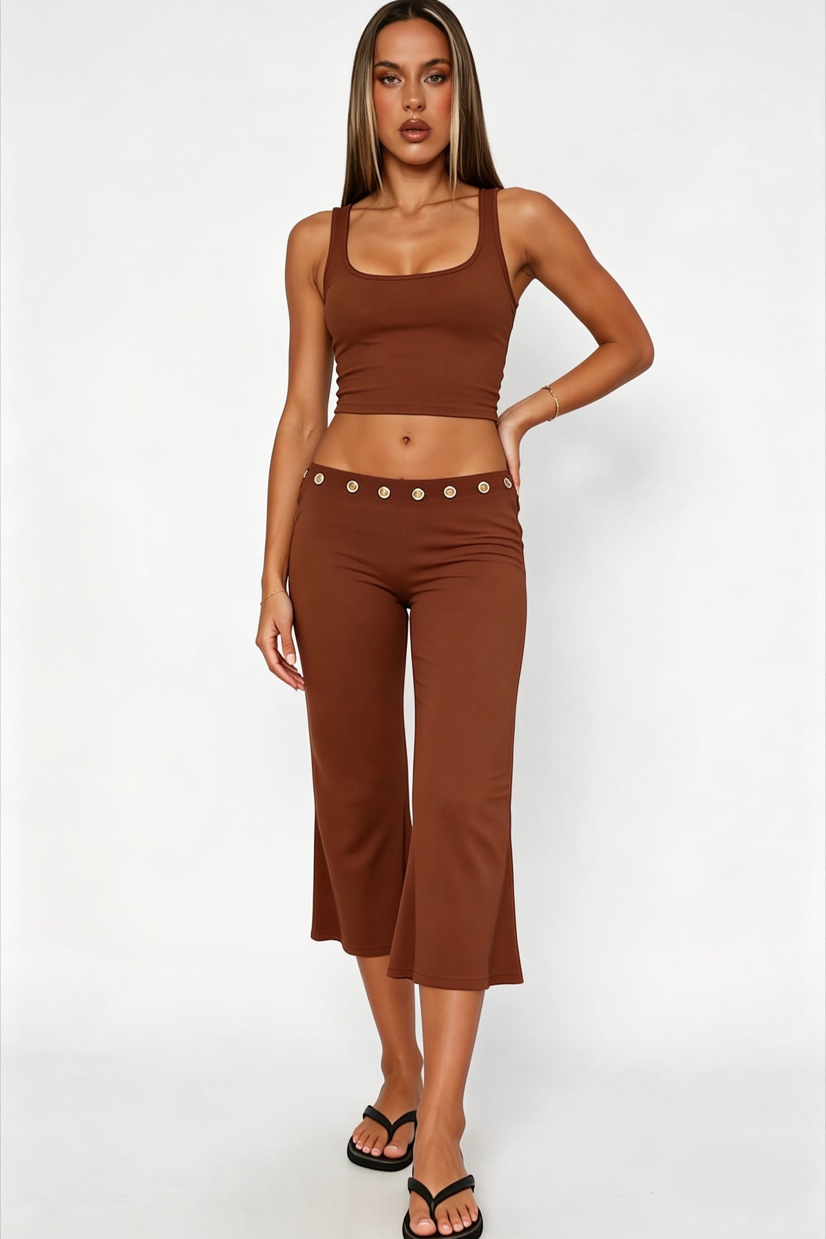 Eyelet Waist Flared Capri Pants