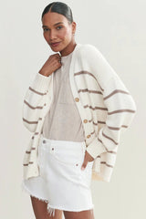 Cotton Stripe V Neck Cardigan