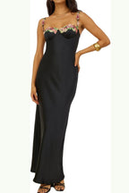 Bodycon Backless Satin Lace-Trim Cami Maxi Silk Dress