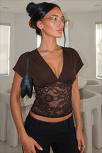 Lace Panel Deep V-Neck Fitted Crop Top
