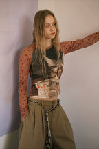 Cat Graphic Polka Dot Mesh Sleeve T-Shirt