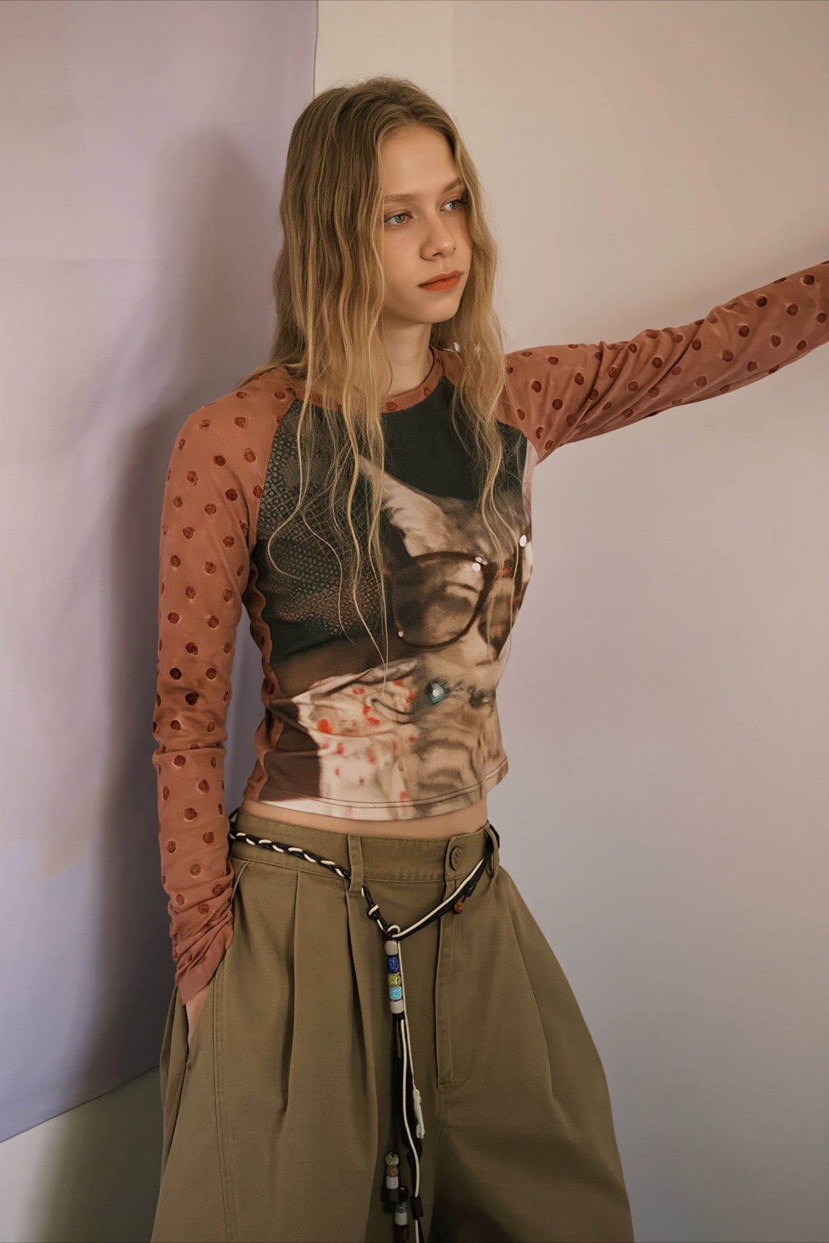 Cat Graphic Polka Dot Mesh Sleeve T-Shirt