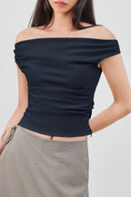 Off-Shoulder Ruched Waist Cinched Crop Top