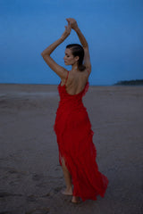 Chiffon Ruffle Open Back Split Slim Slip Dress