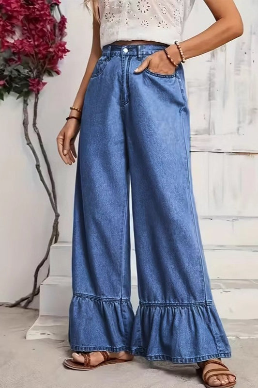 Ruffled Wide Leg Straight Loose Floor Length Jeans Main image