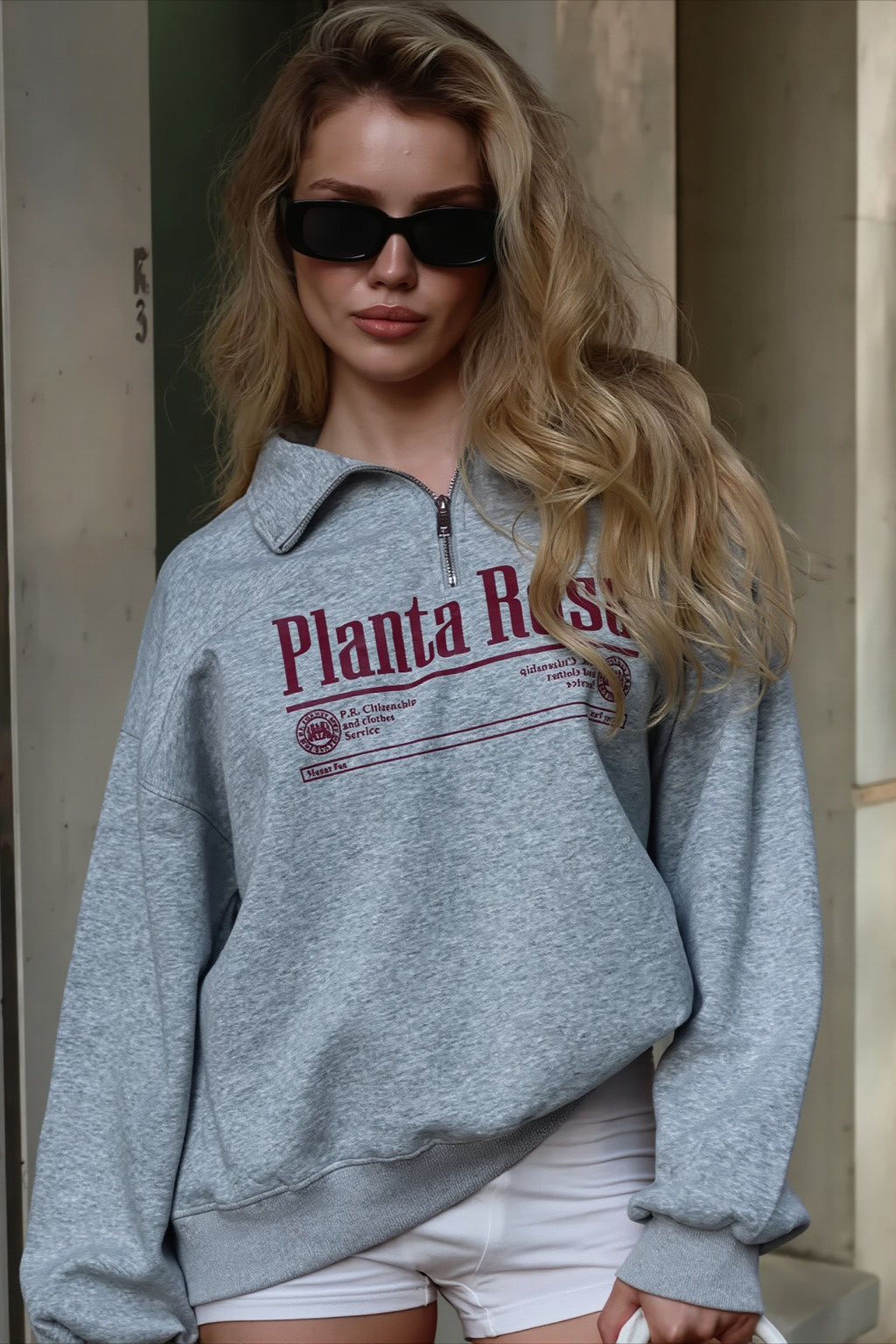 Print Loose Fit Half-Zip Collared Sweatshirt