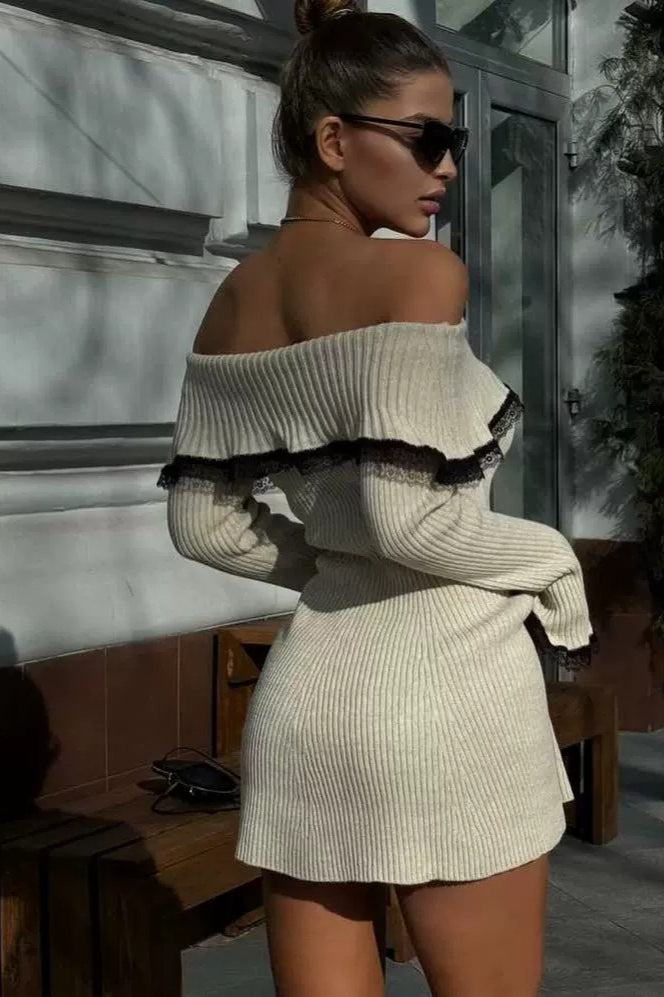 Lace-Trimmed Knit Off-Shoulder Mini Sweater Dress Secondary image