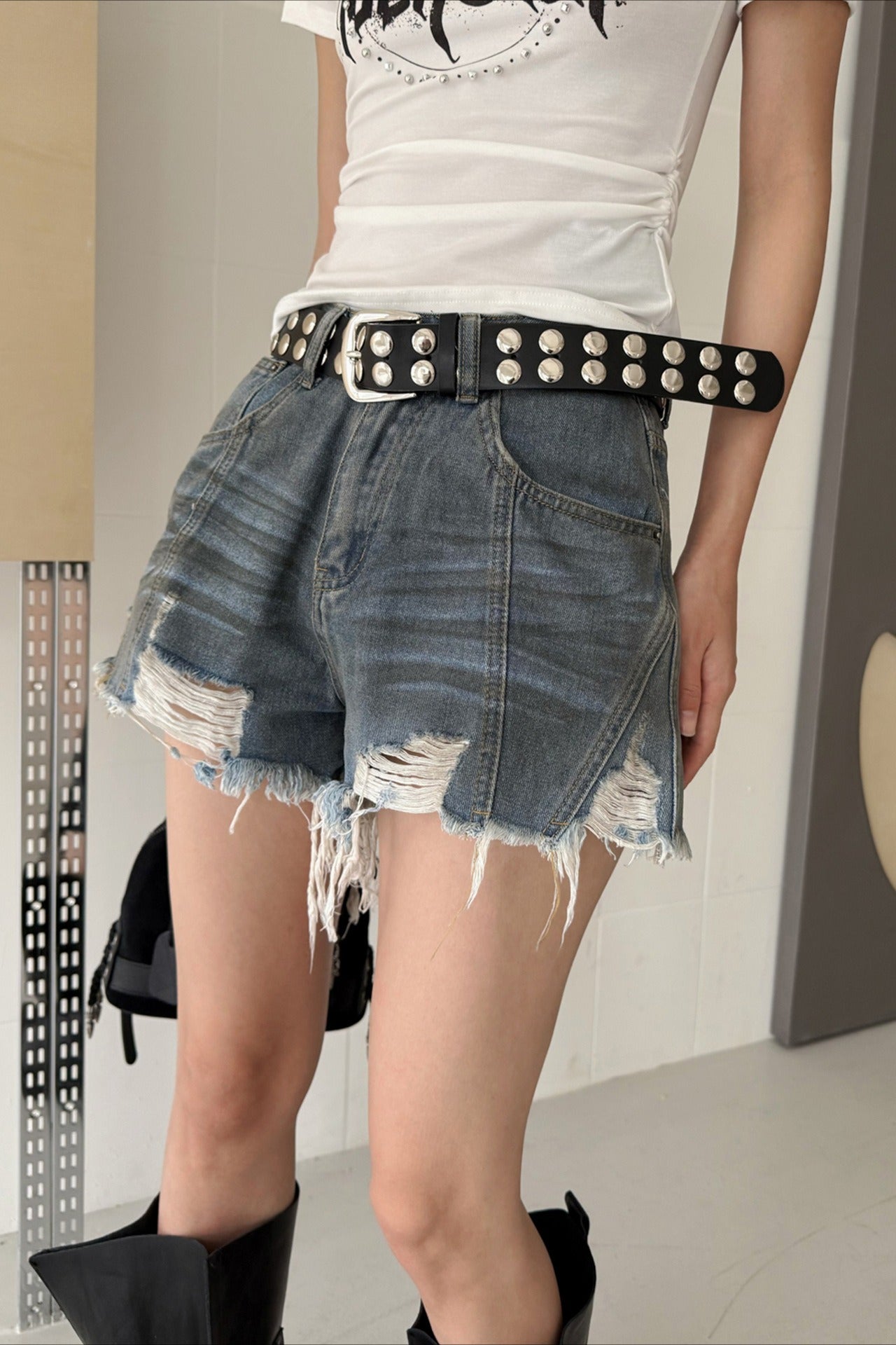 Ripped High Rise A Line Denim Shorts Secondary image