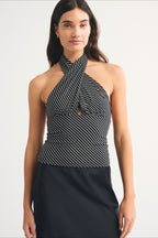 Retro Contrast Halter Mesh Panel Crop Top