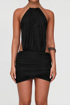 Metal Ring Halter Cutout Ruched Bodycon Mini Dress