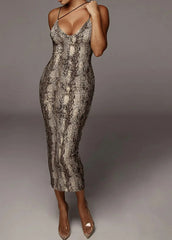 Leopard Snake Print Backless Midi Dress