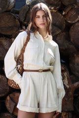 Cotton Linen Long Sleeve Slim Fit Waist Short Jumpsuit