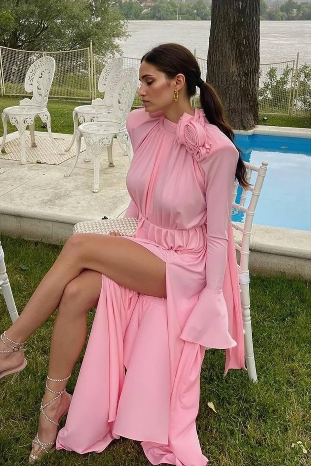 Elegant Retro Cutout Deep V Halter Ruched 3D Floral Party Dress Secondary image