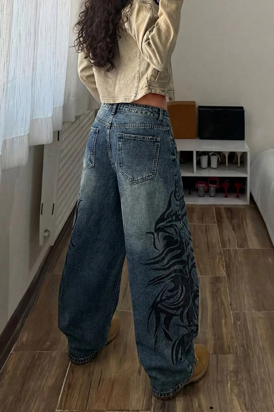 Tribal Graffiti Washed Wide Leg Jeans