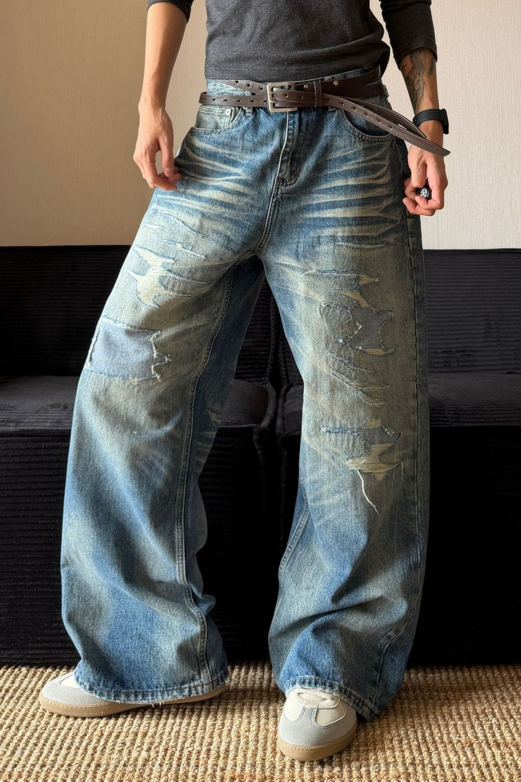 Vintage Washed Distressed Straight Leg Jeans