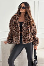 Leopard Print Plush Zip Front Cropped Coat
